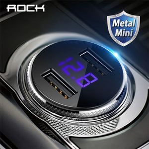 ROCK 5V 3.4A Metal Dual USB Car Charger Digital Display For iPhone X 8 XS MAX 7 Xiaomi Samsung Fast Charging Voltage Monitoring - coolelectronicstore.com